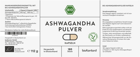 Ashwagandha Kapseln bio Etikett Verzehrempfehlung 