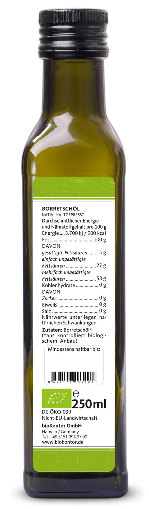 Borretschöl 250 ml Flasche mit Nährwertangaben