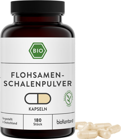 Flohsamenschalen Pulver bio Kapseln 180 Stück in PET-Dose UV-geschützt