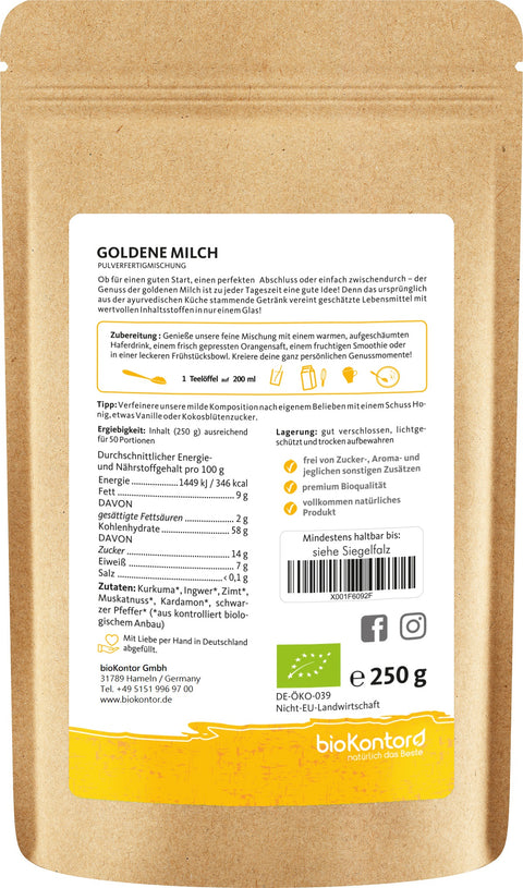 Goldene Milch bio Verzehrempfehlung 250 g