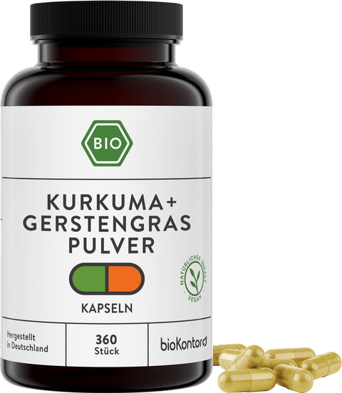 Kurkuma Gerstengras Pulver Kapseln bio vegan 360 Stück PET-Dose UV-geschützt