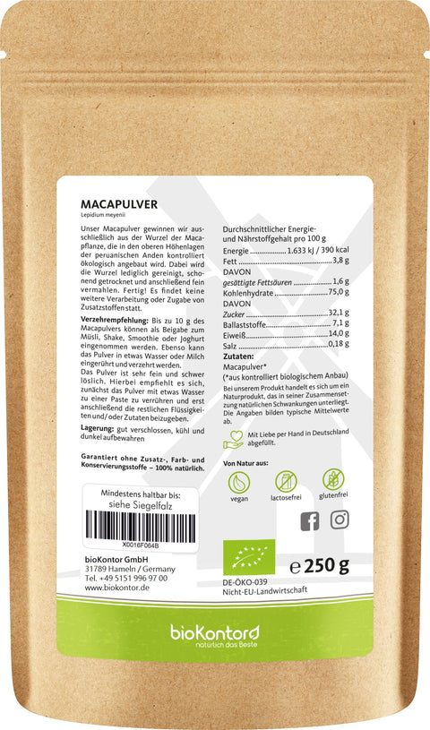 Maca Pulver bio gelbes Maca 250 g Nährwerte und Verwendung