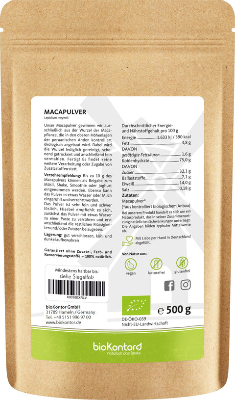 Maca Pulver bio gelbes Maca 500 g Nährwerte und Verwendung