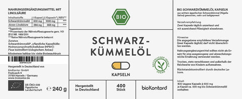 Schwarzkümmelöl Kapseln bio vegan 400 Stück PET-Dose UV-geschützt 