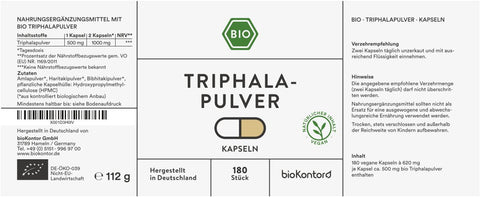 Triphala Kapseln bio vegan 180 Stück Inhaltsstoffe Verzehrempfehlung